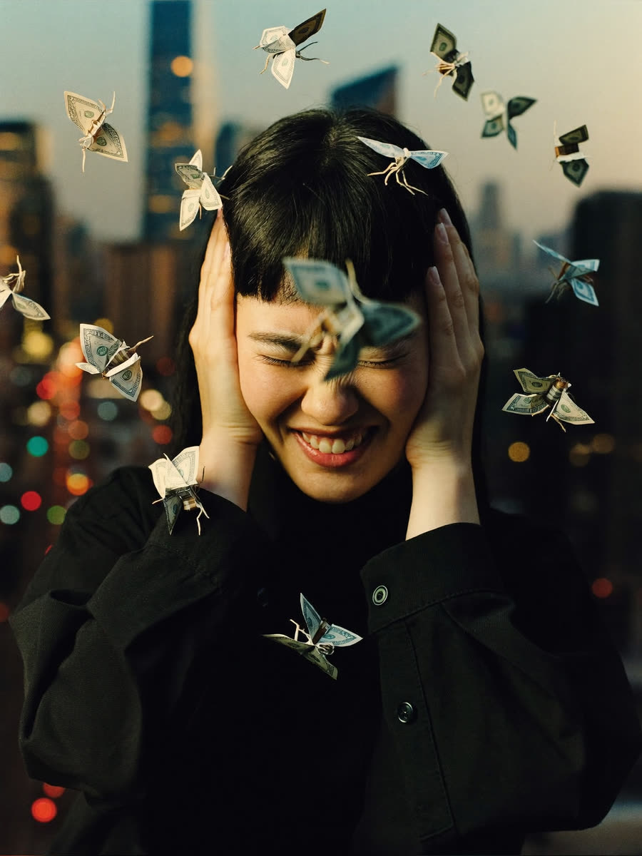 Moths folded from dollar bills swarming a woman who has her hands pressed over her ears