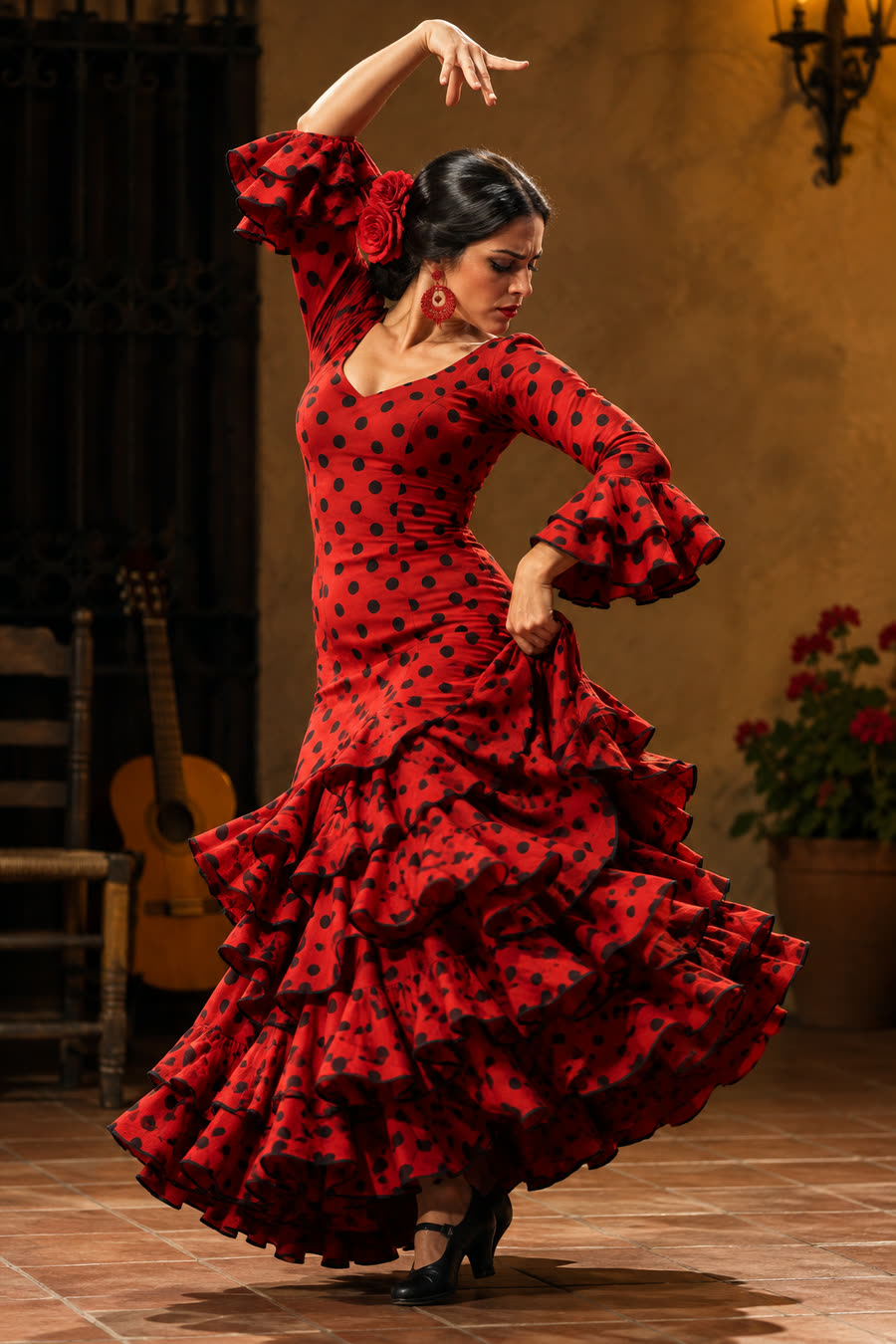 A flamenco dancer mid-turn in a red polka-dot dress, skirt flaring